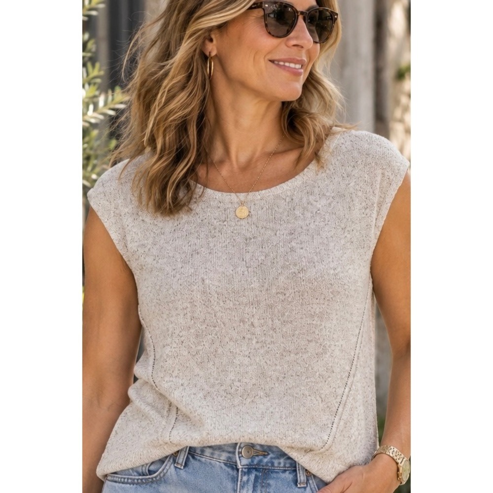 Pure Jill Beige Marl Cotton Knit Sweater Vest M Scoop Neck Cap Sleeve Top
